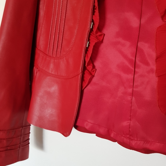 Danier Red Leather Jacket with Ruffle, S - Picture 3 of 11